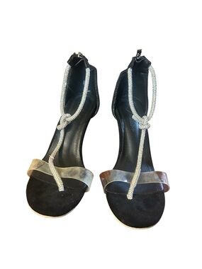 Black Suede T-Strap Rhinestone Sandals